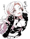  1girl blush breasts cleavage collarbone commentary_request corset curtained_hair dark_hunter_(sekaiju) dark_hunter_2 earrings gloved_sleeves hands_up jewelry large_breasts long_hair looking_at_viewer monochrome navel open_mouth sekaiju_no_meikyuu sekaiju_no_meikyuu_1 simple_background smile solo suno_(imydream) upper_body white_background 