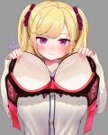  1girl :t ahoge alternate_breast_size_(larger) artist_name blonde_hair blush bra breasts brown_cardigan buttons cardigan commentary_request dress_shirt festa11307070 grey_background holding holding_bra holding_underwear holding_unworn_clothes large_breasts long_hair long_sleeves looking_at_viewer nervous_smile nijisanji official_alternate_costume paid_reward_available presenting_bra red_bra red_eyes school_uniform shirt signature simple_background smile solo straight-on takamiya_rion takamiya_rion_(6th_costume) twintails underwear unworn_bra upper_body variant_set virtual_youtuber wavy_mouth white_shirt 