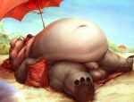 2021 alexalaz anthro balls balls_on_ground beach beach_umbrella belly big_balls big_belly blue_sky casual_nudity chips_(food) common_hippopotamus day deep_navel detailed detailed_background digital_media_(artwork) digital_painting_(artwork) drinking_straw eyes_closed fat_rolls flaccid food foreskin genitals grey_body grey_skin hippopotamid huge_belly huge_thighs humanoid_genitalia humanoid_penis hyper hyper_belly lying male mammal moobs morbidly_obese morbidly_obese_anthro morbidly_obese_male mountain navel nude obese obese_anthro obese_male on_back on_towel outside overweight overweight_anthro overweight_male painting_(artwork) palm_tree parasol penis plant plantigrade saggy_balls sand seaside sky sleeping snout solo spread_legs spreading sunbathing thick_thighs towel tree under_shade unretracted_foreskin water