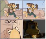 2026 absurd_res anthro bottomwear claws clothing comic crack_(sound_effect) eyebrows feet gloves handwear headgear headwear hi_res k2comix_stubbed_toe_meme lombax male mammal meme pain pants plantigrade ratchet_(ratchet_and_clank) ratchet_and_clank running smile solo sony_corporation sony_interactive_entertainment sound_effects striped_body stripes stubbed_toe style_change sudden_realism tail tail_tuft text time_fluffy500 toe_claws toes tuft yellow_body