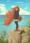 absurd_res anthro apogee_(tinygaypirate) black_clothing black_hoodie black_legwear black_thigh_highs black_topwear blue_sky bridge_piercing brown_eyes brown_hair canid canine canis cheek_piercing cheek_tuft cliff clothed clothing cloud countershade_torso countershading domestic_dog ear_piercing ear_ring eyebrow_through_hair eyebrows eyelashes eyelashes_through_hair facial_piercing facial_tattoo facial_tuft female fluffy fluffy_tail footwear freckled_ears freckled_face freckles fur hair hand_in_pocket hi_res hoodie inner_ear_fluff legwear long_hair long_tail mammal markings mottled mottled_nose neck_tattoo nose_piercing outside patch_(marking) piercing plant pockets red_clothing red_footwear red_shoes ring_piercing seaside shoes sky slim solo spitz standing tail tan_body tan_countershading tan_fur tan_inner_ear tan_inner_ear_fluff tan_markings tattoo thigh_highs tinygaypirate topwear translucent translucent_hair tuft