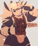 abs anthro arm_scar bandage bandage_on_face bandage_on_nose bottle bottomwear bracelet canid canine canis chin_piercing clothed clothing collar container dialogue digital_drawing_(artwork) digital_media_(artwork) ear_piercing english_text eyes_closed fangs flexing flexing_bicep fur hair hat headgear headwear hi_res hybrid jewelry lineless male mammal markings mouth_closed muscular muscular_anthro muscular_male necklace pants pantsless pattern_bottomwear pattern_clothing pattern_pants piercing proton_(zappyron) scar sharp_teeth shirt simple_background smile solo spiked_bracelet spiked_fur spiked_tail spikes spikes_(anatomy) tail tank_top teeth text text_on_clothing thong topwear underwear wolf zappyron