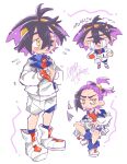  >_< 1boy bags_under_eyes black_hair blue_shirt blue_socks blush chibi chibi_inset closed_mouth collared_shirt commentary crossed_bangs crying flying_sweatdrops gloves hair_between_eyes hairband jacket kieran_(pokemon) long_sleeves male_focus mashiro_nanashiro mole mole_on_neck multicolored_hair multiple_views open_clothes open_jacket open_mouth own_hands_together partially_fingerless_gloves pokemon pokemon_scarlet_and_violet purple_hair red_tank_top shirt shoes shorts simple_background single_glove socks squiggle standing tank_top translation_request white_background white_jacket white_shoes white_shorts yellow_eyes yellow_hairband 