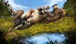 animal_genitalia animal_penis asinus balls big_balls brown_body brown_fur digital_media_(artwork) donkey equid equine equine_genitalia equine_penis erection eyes_closed feral folded_legs fur genitals hair hi_res hooves huge_balls lying_on_ground male mammal meadow nude on_ground orange_body orange_fur orange_hair penis pond sean_(kofichee) solo striped_body striped_fur stripes tail venlightchaser