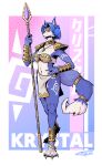 abstract_background blue_body blue_hair bottomwear bra canid canine clothed clothing fauxfowl female fox hair hi_res holding_object holding_weapon jewelry krystal_(star_fox) loincloth mammal markings nintendo staff standing star_fox underwear weapon