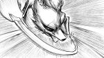 16:9 anthro canid canine canis dragonweirdo drawing_sword eye_patch eyewear hallway hi_res kimera_(dragonweirdo) lunging male mammal melee_weapon monochrome scabbard solo speed_lines sword weapon widescreen wolf