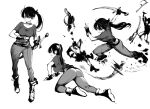  1girl afterimage all_fours ankle_boots ass axe battle belt belt_collar blood blood_splatter boots breasts bright_pupils clenched_teeth collar commentary dot_nose fantasy fingerless_gloves from_behind full_body gloves goblin greyscale hair_between_eyes hair_ribbon hands_up highres holding holding_sword holding_weapon jun_(navigavi) large_breasts long_hair looking_at_another looking_at_viewer monochrome motion_blur motion_lines multiple_views original pants ponytail ribbon scabbard scoop_neck severed_head sheath sheathed shirt short_sleeves simple_background sketch sword taut_clothes taut_shirt teeth tight_clothes tight_pants weapon white_background 