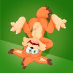 1:1 3_toes albinoturtle anthro anus atari balls bobcat bubsy_(series) bubsy_bobcat chest_tuft claws digital_media_(artwork) feet felid feline fluffy fluffy_tail fur genitals green_background green_eyes hair hands_behind_back head_tuft hi_res looking_at_viewer lying_on_ground lynx male mammal mostly_nude multicolored_body multicolored_fur nude on_ground open_mouth open_smile orange_body orange_fur paws penis penis_tip pinup pose presenting simple_background smile soles solo solo_focus spread_legs spreading tail toes toony tuft two_tone_body two_tone_fur upside_down