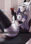anthro areola biting_clothing black_areola black_breasts black_clothing black_fingerless_gloves black_gloves black_handwear black_nipples breasts butt canid canid_demon canine chair clothed clothing clothing_lift collar demon electronics fangs female fingerless_gloves footwear fur furniture gloves grey_body grey_fur grey_hair hair handwear hellaverse hellhound helluva_boss hi_res legwear lizzard_sama loona_(helluva_boss) mammal mythological_canine mythological_creature mythology navel nipples on_chair phone red_sclera shirt shirt_lift sitting sitting_on_chair social_media socks solo spiked_collar spikes stockings tail teeth thigh_highs thigh_socks top_lift topwear topwear_lift white_eyes