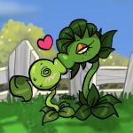 1:1 2026 ambiguous_gender artist_name blurred_background blush blush_lines bodily_fluids cartoon_freckles duo electronic_arts elemental_creature eyelashes eyeshadow fence flora_fauna freckled_face freckles green_body green_hair hair heart_symbol hi_res kiss_on_lips kissing leaf leaf_hair long_eyelashes makeup outside peablaze_(leafpaw) peashooter_(pvz) plant plant_hair plants_vs._zombies popcap_games pseudo_hair siphon_(anatomy) spiral spiral_eyes sweat text thrustacean yellow_eyes yellow_eyeshadow