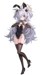  1girl absurdres alternate_costume animal_ears black_gloves black_leotard black_shoes black_thighhighs blue_archive breasts cleavage closed_mouth commentary covered_navel detached_collar elbow_gloves fake_animal_ears foka_(beginner) full_body gloves grey_hair hair_over_one_eye halo heart heart_hands high_heels highres kanoe_(blue_archive) leotard long_hair looking_at_viewer messy_hair playboy_bunny rabbit_ears shoes simple_background small_breasts smile solo standing standing_on_one_leg sweat thighhighs two_side_up untranslatable_commentary very_long_hair white_background 