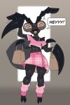 2_claws 4_arms abstract_background antennae_(anatomy) anthro arthropod arthropod_abdomen artlegionary bag black_body bottomwear bra_strap claws clothing crop_top dialogue dizzy_(artlegionary) dizzy_eyes emanata femboy gesture hi_res holding_bags insect leg_warmers legwear male mantis mantis_arms midriff multi_arm multi_limb open_mouth pattern_bottomwear pattern_clothing pattern_skirt pink_clothing plaid plaid_bottomwear plaid_clothing plaid_skirt raised_arm raptorial_(anatomy) shirt skirt smile smiling_at_viewer solo spiral spiral_eyes text text_box topwear waving waving_at_viewer waving_hand