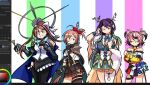  4girls ahoge alternate_hair_color alternate_hair_length_(longer) alternate_hairstyle antlers art_program_in_frame art_program_request bare_shoulders belt black_choker black_gloves black_hair black_skirt black_thighhighs blue_bow blue_eyes book bow breasts brown_belt brown_capelet brown_corset brown_gloves brown_hair brown_skirt brown_thighhighs capelet ceres_fauna ceres_fauna_(1st_costume) ceres_fauna_(cosplay) choker cleavage closed_mouth coattails collarbone commentary corset cosplay crossed_arms dice_hair_ornament doki_doki_literature_club emeruga english_commentary english_text eyelashes feather_hair_ornament feathers fingerless_gloves flower gloves gradient_hair green_eyes green_hair grey_halo hair_bow hair_flower hair_intakes hair_ornament hair_ribbon hairclip hakos_baelz hakos_baelz_(1st_costume) hakos_baelz_(cosplay) halo hand_on_own_head heart holding holding_book holding_pen holocouncil hololive hololive_english horns leaf long_hair long_sleeves midriff monika_(doki_doki_literature_club) mouse_girl mouse_tail multicolored_hair multicolored_skirt multiple_girls nanashi_mumei nanashi_mumei_(1st_costume) nanashi_mumei_(cosplay) natsuki_(doki_doki_literature_club) navel one_eye_closed one_side_up ouro_kronii ouro_kronii_(1st_costume) ouro_kronii_(cosplay) pen pink_hair ponytail purple_eyes purple_hair red_bow ribbon sayori_(doki_doki_literature_club) shirt short_hair sidelocks single_thighhigh skirt smile spiked_choker spikes split_mouth stuffed_animal stuffed_toy tail tailcoat thigh_strap thighhighs two_side_up very_long_hair white_hair white_ribbon white_shirt yellow_bow yellow_skirt yuri_(doki_doki_literature_club) 