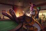 3:2 anthro anthro_focus aquatic areola background_character bar big_breasts biped breasts canid canine chair claws clothing colored digital_media_(artwork) digital_painting_(artwork) feet female female_anthro female_focus fish foot_focus fox furniture gambling garter_straps genitals group hi_res hybrid legwear looking_at_viewer mammal nipples on_chair painting_(artwork) pawpads paws sadnicole shaded shark sitting sitting_on_chair smile smiling_at_viewer soles solo_focus stockings tail toes vulva