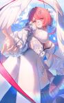  1girl absurdres blue_sky bow breasts bright_pupils cleavage commentary_request domi_(hongsung0819) dress falling_feathers feathered_wings feathers hair_ornament highres large_breasts long_sleeves looking_at_viewer medium_hair offering_hand pink_eyes pink_hair pointy_ears purple_nails remielle_dan sky smile solo thighhighs thighs white_bow white_dress white_pupils white_thighhighs white_wings wings zenless_zone_zero 
