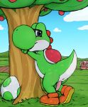 absurd_res anthro apple boots butt clothing dinosaur egg farm food footwear fruit genitals hi_res laserkitten male penis plant prehistoric_species presenting presenting_hindquarters reptile scalie shaded shoes sketch solo tapering_penis tree yoshi_(character)
