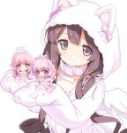  2000s_(style) 3girls absurdres angel_wings animal_ear_hood animal_ears bad_source bone brown_hair cat_ears cat_girl cat_tail center-flap_bangs chibi collar dress fake_animal_ears faux_retro_artstyle hair_ribbon hands_up highres hood hood_up hooded_jacket jacket long_hair long_sidelocks long_sleeves looking_at_viewer mini_person minigirl multiple_girls naoya_come original own_hands_together paw_sleeves pawpads pink_collar pink_dress pink_hair pink_ribbon pink_sweater ribbon sidelocks smile sweater tail transparent_background white_jacket white_wings wings 