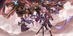  6+girls absurdres aiming armored_boots assault_rifle asteria_(girls'_frontline_2) bare_back boots bug butterfly chinese_commentary coat commentary_request dandelion_(girls'_frontline) debris ferris_wheel fighting_stance girls'_frontline girls'_frontline_2:_exilium gun high_contrast highres holding holding_gun holding_weapon inverted_colors m16a1_(boss)_(girls'_frontline) m16a1_(girls'_frontline) m4_sopmod_ii_(girls'_frontline) m4a1_(girls'_frontline) multicolored_hair multiple_girls muted_colors neet_kuu post-apocalypse ribbon rifle ro635_(girls'_frontline) robella_(girls'_frontline_2) ruins soppo_(girls'_frontline_2) st_ar-15_(girls'_frontline) streaked_hair translation_request weapon 