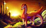 ambiguous_gender building dragon european_mythology facial_horn feral flying grass hi_res horn moth418 mythological_creature mythological_scalie mythology nose_horn open_wings plant scalie skywing_(wof) smile solo_focus spikes spikes_(anatomy) star sunset tower western_dragon wings wings_of_fire