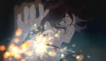  1girl bare_arms black_choker black_ribbon chainsaw_man choker close-up commentary_request fireworks green_eyes grenade_pin grin highres holding holding_fireworks looking_at_viewer neck_ribbon night outdoors portrait pull_cord purple_hair ranmaru_aiueo reze_(chainsaw_man) ribbon shirt sleeveless sleeveless_shirt smile solo sparkle 