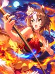  1girl absurdres animal_ears artist_request bare_arms bare_shoulders belt belt_buckle black_shirt blue_cape blue_sky breasts brown_corset brown_hair buckle cape card_commentary circle_skirt cleavage cloud collarbone commentary corset cowboy_shot determined dot_nose embers fiery_background fingernails fire flame_print flower full_moon fur_trim gold_buckle grey_belt hair_between_eyes hair_flower hair_ornament highres holding holding_staff horse_ears horse_girl leaning_forward light_blush looking_to_the_side moon multicolored_hair night o-ring official_alternate_costume official_art open_mouth outdoors pleated_skirt print_cape print_skirt rope_necklace second-party_source shirt short_hair_with_long_locks side_cape sidelocks skirt sky solo staff standing star_(sky) starry_sky strapless strapless_shirt streaked_hair tassel tree tsurime umamusume v-shaped_eyebrows white_flower yaeno_muteki_(pious_flame_heavens_scorcher)_(umamusume) yaeno_muteki_(umamusume) yellow_eyes yellow_skirt 