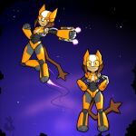 1:1 anthro armor breasts brown_hair clothed clothing digital_media_(artwork) domestic_cat duo eyewear felid feline felis female fur gameoverse glitch_productions goggles hair headgear hi_res kaboodle_(gameoverse) kit_bodega machine male mammal mancoin robot signature simple_background small_breasts tail whiskers