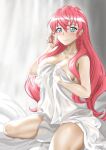  1girl aqua_eyes armpit_crease bare_arms bare_shoulders bed_sheet breasts cleavage closed_mouth collarbone commentary_request covering_breasts covering_privates crossed_bangs curtains double-parted_bangs hair_between_eyes highres holding_own_hair indoors large_breasts light_blush long_hair looking_at_viewer maria_cadenzavna_eve maria_desirer naked_sheet on_bed pink_hair playing_with_own_hair senki_zesshou_symphogear sidelocks sitting smile solo upper_body very_long_hair wariza wavy_hair wispy_bangs 