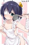  1girl ahoge apron apron_pull aqua_eyes bandaged_wrist bandages blush breasts chuunibyou_demo_koi_ga_shitai! cleavage closed_mouth clothes_pull collarbone commentary cowboy_shot dated eyepatch frilled_apron frills hand_up highres holding holding_ladle kfkim2980 ladle looking_at_viewer medium_breasts naked_apron one_side_up outline pink_background short_hair solo sweat takanashi_rikka two-tone_background white_apron white_background white_outline 
