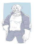  1boy animal_ears bara beard blue_theme cat_ears coach commentary_request cropped_legs facial_hair final_fantasy final_fantasy_xiv full_beard jacket jewelry jitome large_hands large_pectorals looking_ahead male_focus mature_male mole mole_under_eye monochrome muscular muscular_male no_animal_ears original pants pectorals ran-kun_(shi) ring roegadyn shi_(pixiv_24993110) short_hair solo standing thick_beard thick_eyebrows track_jacket track_pants warrior_of_light_(ff14) whistle 