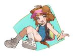  1girl :3 animal_ears backpack bag bandaid bandaid_on_knee bandaid_on_leg blue_one-piece_swimsuit blush brown_eyes brown_hair dog_ears dog_girl dog_tail fang full_body highres looking_at_viewer one-piece_swimsuit open_mouth original school_swimsuit shoes short_hair smile sneakers socks solo swimsuit tail thick_eyebrows visor_cap white_socks yokappa_(jokappa) 