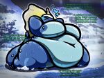 4:3 anthro aurorus belly big_belly big_breasts blush bodily_fluids breasts dialogue featureless_breasts female fossil_pokemon generation_6_pokemon hands_behind_head heart_symbol hi_res huge_belly huge_breasts huge_thighs kneeling morbidly_obese navel nintendo obese obese_female offscreen_character overweight overweight_female pokemon pokemon_(species) sinflative solo sweat sweaty_arms sweaty_belly sweaty_breasts sweaty_face sweaty_legs sweaty_thighs thick_thighs