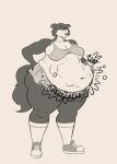 anthro beastars beastbizkit belly big_belly bodily_fluids bottomwear breasts canid canine canis cleavage clothed clothing female footwear frilly frilly_bottomwear frilly_clothing frilly_skirt hand_on_belly hi_res juno_(beastars) knee_highs knee_socks legwear looking_at_belly mammal navel onomatopoeia overweight overweight_female rumbling_stomach shirt shoes simple_background skirt sneakers socks solo sound_effects sweat sweatdrop tail tank_top text thick_thighs topwear wolf