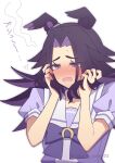  1girl animal_ears black_hair blush bow bowtie commentary_request fenomeno_(umamusume) flipped_hair flying_sweatdrops highres horse_ears horse_girl long_hair multicolored_hair open_mouth puffy_short_sleeves puffy_sleeves purple_bow purple_bowtie purple_eyes purple_hair purple_shirt sailor_collar sailor_shirt school_uniform shirt short_sleeves sweatdrop tracen_school_uniform umamusume upper_body w3n6e white_sailor_collar 