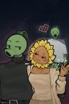2026 absurd_res artist_name belt black_belt black_clothing black_sweater black_topwear blush blush_lines bodily_fluids breasts broken_heart clothed clothing coat electronic_arts elemental_creature eyes_closed female flora_fauna flower flower_creature gesture green_body group hand_on_shoulder hi_res humanoid kaiartis male peashooter_(pvz) plant plants_vs._zombies popcap_games shirt siphon_(anatomy) sunflower_(pvz) sweater tears text topwear trio waving white_clothing white_shirt white_topwear