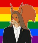 anthro big_tail blue_eyes brown_hair ears_up ewa_zajaczkowaka eyebrows female fur hair hi_res lgbt_rainbow looking_at_viewer mammal orange_body orange_fur polish_politics r187 rodent sciurid smile smiling_at_viewer solo tail tree_squirrel