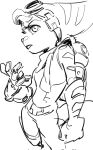 anthro belt bodysuit clank_(ratchet_and_clank) clothing cybernetic_arm cybernetic_limb eyewear eyewear_on_head female gloves goatdraw goggles goggles_on_head handwear head_tuft hi_res living_machine lombax machine mammal mechanical_arm monochrome prosthetic prosthetic_arm prosthetic_limb ratchet_and_clank rivet_(ratchet_and_clank) robot robotic_arm skinsuit solo sony_corporation sony_interactive_entertainment striped_arm striped_ears tight_clothing tuft