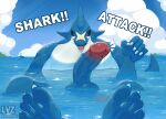 0lvz0 anthro aquatic balls big_balls big_penis blep blue_body blue_skin feet fin fish foot_focus front_view generation_3_pokemon genitals gills glans half-erect head_fin hi_res humanoid_feet humanoid_genitalia humanoid_penis looking_at_viewer male nintendo partially_submerged penis plantigrade pokemon pokemon_(species) red_eyes sea sharpedo solo tongue tongue_out vein veiny_penis water wet