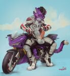 absurd_res anthro athletic athletic_anthro athletic_male balls big_balls big_penis black_hair black_tail blush bodysuit clothing erection felid front_view fur genitals grey_eyes hair hi_res humanoid_genitalia humanoid_penis looking_at_viewer male male_anthro mammal motorcycle narrowed_eyes open_bodysuit oselotti pantherine penis presenting presenting_balls presenting_penis purple_body purple_fur purple_tail short_hair signature simple_background sitting skinsuit smile solo tail tiger tight_clothing vehicle white_balls white_body white_bodysuit white_clothing white_fur white_skinsuit