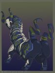 2018 2_horns 3:4 anus armor bedroom_eyes big_butt black_body bone bone_armor butt female feral fuf generation_5_pokemon genitals hi_res horn humanoid_genitalia humanoid_genitalia_on_feral humanoid_vulva humanoid_vulva_on_feral looking_at_viewer looking_back looking_back_at_viewer markings narrowed_eyes nintendo pokemon pokemon_(species) quadruped rear_view red_markings scolipede seductive simple_background solo standing vulva yellow_eyes