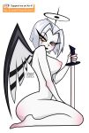 2024 absurd_res angel angel_humanoid artist_name back_wings big_butt black_lipstick blush breasts butt eye_through_hair eyeshadow feathered_wings feathers female full-length_portrait hair halo hazbin_hotel hellaverse hi_res holding_melee_weapon holding_object holding_sword holding_weapon humanoid kneeling ko-fi ko-fi_logo lipstick lute_(hazbin_hotel) makeup melee_weapon nipples not_furry nude nude_female nude_humanoid pale_skin pinup portrait pose pupils side_view simple_background slit_pupils small_waist solo sword teaofcolors text thick_thighs translucent translucent_hair twitter_handle url weapon white_background white_hair winged_humanoid wings yellow_eyes