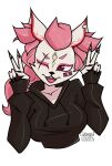 2024 absurd_res anthro artist_name bandage bandage_on_face black_clothing black_hoodie black_topwear breasts canid canine clothing epic_games eye_scar eyeshadow facial_scar female fortnite fox fur gesture hair half-length_portrait hand_gesture hand_pawpads hi_res hoodie kimiko_five-tails makeup mammal one_eye_closed open_mouth open_smile pink_eyes pink_eyeshadow pink_hair portrait pose scar simple_background smile solo teaofcolors text topwear twitter_handle v_sign white_background white_body white_fur wink
