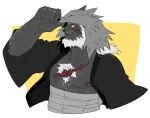  1boy adjusting_clothes adjusting_headwear bara bare_pectorals beard chest_tuft colored_skin commentary_request cropped_torso facial_hair final_fantasy final_fantasy_xiv full_beard grey_skin hairy hand_up japanese_clothes kimono knuckle_hair large_hands large_pectorals looking_at_viewer looking_to_the_side male_focus mature_male midriff_sarashi muscular muscular_male mustache_stubble open_clothes open_kimono original pectorals profile roegadyn sarashi scar scar_on_cheek scar_on_chest scar_on_face shi_(pixiv_24993110) snout solo sparse_arm_hair sparse_chest_hair strongman_waist stubble thick_beard tusks warrior_of_light_(ff14) white_hair wolf_hood yellow_eyes 