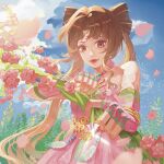  1girl absurdres arrow_(projectile) bare_shoulders beads blonde_hair blue_gem blue_sky bow-shaped_hair bow_(weapon) brooch brown_hair cherry_blossoms chinese_commentary cloud collarbone commentary_request cowboy_shot day double_bun downturned_eyes drawing_bow dress elbow_gloves eyelashes facial_mark fern fingerless_gloves fingernails flower flower_facial_mark flower_symbol forehead_mark foreshortening gem glint gloves gradient_hair hair_beads hair_bun hair_ornament halter_dress halterneck highres holding holding_arrow holding_bow_(weapon) holding_weapon infinity_nikki jewelry leaf light_particles light_smile lipstick long_hair looking_at_object makeup multicolored_hair nikki_(series) nostrils outdoors parted_bangs petals pink_dress pink_eyes pink_flower pink_gloves red_lips red_sash sash sidelocks sky solo standing stylist_(nikki) twintails two-tone_hair very_long_hair waist_sash wavy_hair weapon zuiaihuasansong 
