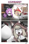  2girls :3 :d =_= absurdres animal_ear_fluff animal_ears arknights arknights:_endfield black_gloves black_horns blonde_hair blurry blurry_background breast_envy breasts cape chibi commentary crossed_arms ears_through_headwear ears_through_hood english_commentary english_text expressionless fingerless_gloves full_body game_screenshot_background gloves highres hood hood_up hooded_cape horns huge_breasts jertv jewelry long_hair looking_at_viewer low-tied_sidelocks multiple_girls necklace open_mouth purple_hair red_cape red_hood rossi_(arknights) screenshot_background sidelocks signature smile speech_bubble standing standing_on_one_leg surprised tail tail_wagging tooth_necklace typhoeus_(arknights) typhon_(arknights) wide-eyed wolf_ears wolf_girl 