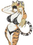 alternate_species anthro anthrofied big_breasts blonde_hair breasts camo camo_print clothing countershade_fur countershading eye_covering felid female fur furrification hair hi_res kambo mammal mask mihoyo pantherine simple_background smile solo striped_body striped_fur stripes tiger trigger_(zzz) underwear white_background zenless_zone_zero