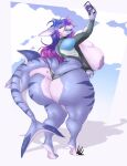 anthro aquatic areola big_breasts big_butt black_sclera blue_body blue_hair blue_scales breasts butt cellphone cellulite clothed clothing curvy_figure dullvivid electronics feet female fin fish hair hi_res highlights_(coloring) huge_breasts huge_butt humanoid_feet jacket love_handles nipples open_clothing open_jacket open_topwear phone plantigrade purple_areola purple_highlights purple_nipples purple_stripes scales shark sharp_teeth sibylla_(siberys) slightly_chubby slightly_chubby_anthro slightly_chubby_female smartphone solo striped_body striped_scales stripes tail tail_fin teeth thick_thighs thong tiptoes topwear underwear voluptuous wetsuit white_body white_scales wide_hips