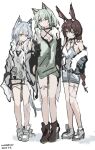  3girls :d absurdres alternate_costume amiya_(arknights) animal_ears arknights bare_legs bare_shoulders black_jacket blue_dress blue_eyes blue_hair blush boots braid braided_ponytail breasts brown_hair casual cat_ears cat_girl cat_tail clothes_pull diamond_o-ring dress expressionless full_body green_dress green_eyes green_hair hair_between_eyes heart heart_o-ring heart_print high_heel_boots high_heels highres jacket jacket_pull kal'tsit_(arknights) legs light_frown long_hair looking_at_viewer medium_breasts medium_hair microdress multiple_girls o-ring o-ring_thigh_strap off_shoulder open_clothes open_jacket rabbit_ears rabbit_girl rosmontis_(arknights) short_dress sleeveless sleeveless_dress small_breasts smile standing tail thigh_strap thighs very_long_hair whate=3r white_dress 