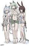  3girls :d absurdres alternate_costume amiya_(arknights) animal_ears arknights bare_legs bare_shoulders black_panties blue_dress blue_eyes blue_hair blush braid braided_ponytail breasts brown_hair cat_ears cat_girl cat_tail cleavage clothing_cutout diamond_o-ring dress expressionless full_body green_dress green_eyes green_hair hair_between_eyes hand_on_own_thigh heart heart_cutout heart_o-ring heart_print high_heels highres kal'tsit_(arknights) legs light_frown long_hair looking_at_viewer medium_breasts medium_hair microdress multiple_girls navel navel_cutout o-ring o-ring_thigh_strap open_clothes open_dress panties rabbit_ears rabbit_girl revealing_clothes rosmontis_(arknights) see-through_clothes see-through_dress short_dress sideless_dress sleeveless sleeveless_dress small_breasts smile standing stomach tail thigh_strap thighs underwear undressing very_long_hair whate=3r white_dress 