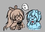  2girls blazer bow chibi chibi_only cropped_torso crossover doki_doki_literature_club doki_doki_literature_club_school_uniform emeruga eyelashes feather_hair_ornament feathers grey_background hair_bow hair_ornament hololive hololive_english jacket long_hair long_sleeves multiple_girls multiple_monochrome nanashi_mumei nanashi_mumei_(1st_costume) neck_ribbon open_mouth ponytail red_ribbon ribbon sayori_(doki_doki_literature_club) school_uniform shared_speech_bubble short_hair simple_background skirt smile solid_oval_eyes speech_bubble teeth upper_teeth_only virtual_youtuber 