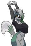 2024 absurd_res anthro artist_name big_breasts black_clothing black_shirt black_topwear bottomless bottomless_female breasts brown_eyes canid canine canis cleavage clothed clothing crotch_tuft dipstick_tail female fur green_body green_fur green_hair grey_hair hair hands_above_head hi_res legs_together mammal markings multicolored_body multicolored_fur multicolored_hair navel portrait pose shirt shirt_only simple_background solo tail tail_markings teaofcolors text three-quarter_portrait topwear topwear_only translucent translucent_clothing translucent_shirt translucent_topwear tuft twitter_handle two_tone_hair white_background wide_hips wolf